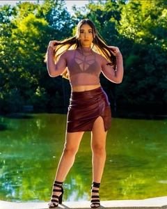 Chic high waist PU leather mini skirt in dark red with sheer mesh top outfit