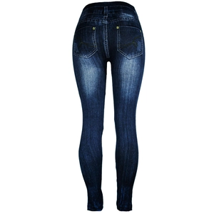 Detail of high waist denim print leggings featuring back pockets and contrast stitching