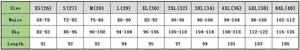 Detailed size chart for ripped skinny jeans showing waist, hip, and length measurements