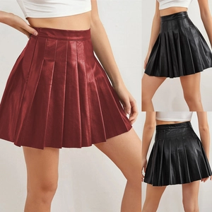 Women Sexy High Waist PU Leather Pleated Mini Skirt Fashion Solid Color A-Line Short Skirt Party Clubwear Streetwear