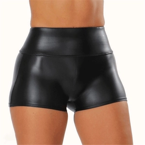 Women's high waist glossy black faux leather shorts in a slim fit minimalist style