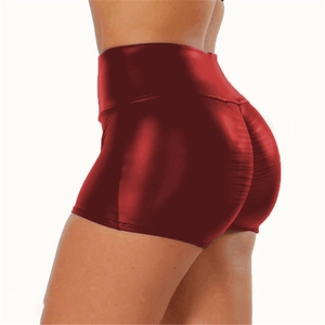 Metallic red high waist scrunch butt shorts for women with sexy ruched booty lifting effect