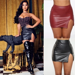 Mini-jupe en Cuir PU à Taille Haute Sexy Fente Latérale Jupe Courte Fourreau Club Fête Femme Mode Jupe en Similicuir