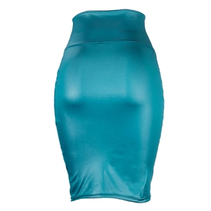 Vue détaillée d'une jupe crayon en similicuir bleu sarcelle brillant à taille haute