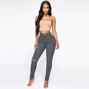 Women's high waist skinny jeans in dark grey featuring ripped knee detail and stretch denim