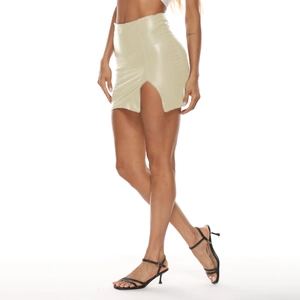 Detail view of high waist PU leather mini skirt with side slit and metallic finish