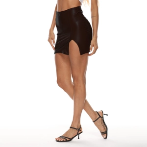 Detail view of high-waist black PU leather mini skirt with side slit and glossy finish