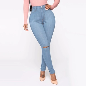 Slim fit light blue high waisted ripped jeans with stretch denim and skinny leg for women