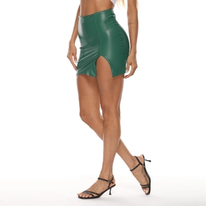 Detailed close-up of emerald green PU leather mini skirt featuring a side slit design