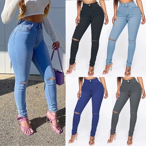 Women High Waist Ripped Skinny Jeans Stretch Slim Fit Denim Pencil Pants Distressed Trousers Plus Size For Casual Daily Mode