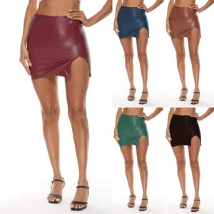 Women Sexy PU Leather Mini Skirt High Waist Side Slit Slim Fit Bodycon Solid Color Short Skirt Casual Party Clubwear