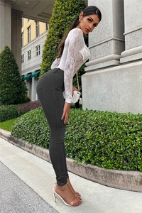 Side view of slim-fit charcoal grey high-waisted denim skinny jeans for women
