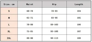 Detailed size chart for high waist PU leather pants from S to 2XL with waist and hip info