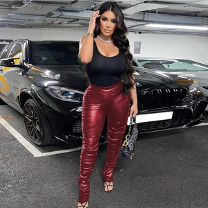 Women High Waist PU Leather Stacked Pants Sexy Ruched Slim Fit Trousers Solid Color Split Hem Streetwear Clubwear Fashion