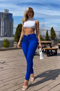 Slim fit high waisted royal blue skinny jeans with button fly and push-up effect