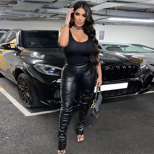 Chic high-waisted black PU leather ruched stacked trousers for a stylish urban look