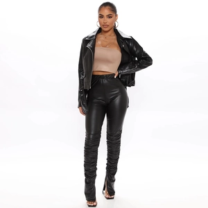 Women high waist black PU leather ruched trousers with trendy split hem and biker jacket