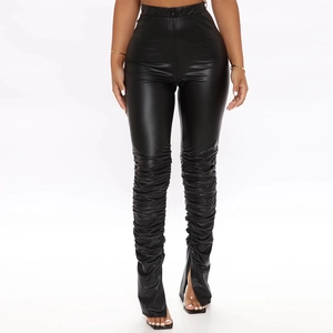 Women high waist black PU leather ruched leggings with stylish side split hem design