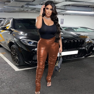 Women's metallic bronze stacked faux leather pants with high-waist wrinkled street style