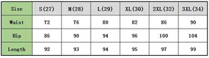 Detailed size chart for women's denim pencil pants including waist and hip measurements