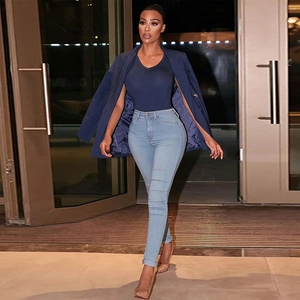 Urban chic high waist slim fit light blue stretch denim jeans styled with a navy top