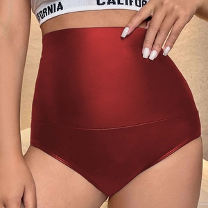 High waist dark red sexy PU leather shorts for women with tummy control shaping effect