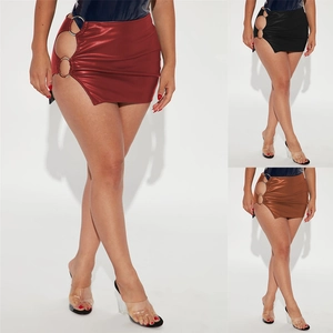 Women Sexy PU Leather Bodycon Mini Skirt Side Hollow Out Metal Ring Slit Nightclub Party Streetwear Skirt