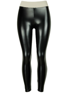 High-waisted black faux leather leggings with cream elastic waistband on white background