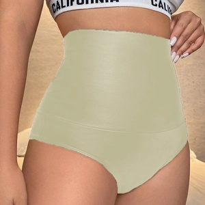 Detailed view of high-waist tummy control faux leather shorts in light khaki color