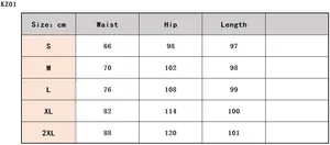 Size chart for printed loose yoga pants showing waist, hip, and length measurements