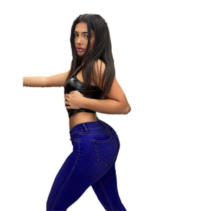 Women's dark blue skinny stretch jeans and black faux leather crop top slim fit style