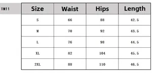 Size chart for high waist black PU leather skirt detailing waist, hip, and length measurements