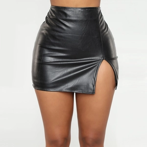 Women Sexy High Waisted PU Leather Mini Skirt Side Slit Bodycon Nightclub Short Skirt Fashion Hip Hugging Clubwear Bottom