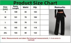 Size chart for high waist sequin straight leg trousers showing measurements from S to 2XL