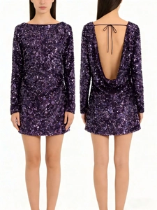 Robe Mini Sexy Dos Nu à Paillettes pour Femmes Manches Longues Bodycon Violet Foncé Fête Soirée Banquet Robe de Club