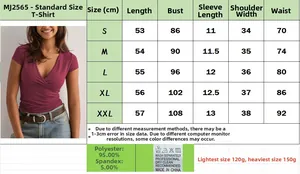 Tableau des tailles pour t-shirt à col en V avec mesures et détails de composition