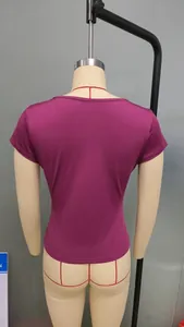 Rear view of purple slim fit short sleeve T-shirt showing fabric texture and sleek cut