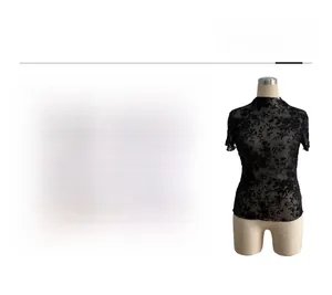Detail view of floral mesh fabric specs for mock neck T-shirt with mid elasticity info