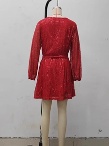 Detail of red sequin dress back view with matching belt and reflective textures