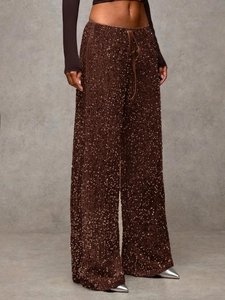 Detailed view of coffee-colored sequin straight-leg trousers with adjustable drawstring waist