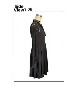 Side view of elegant black dress with floral lace sleeves and stand collar detail