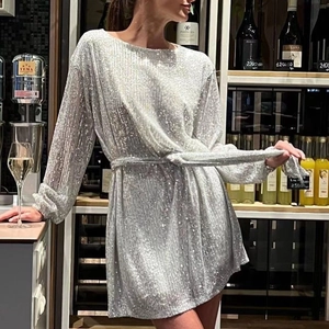 Elegant silver sequin mini dress with long sleeves and belted waist for party wear