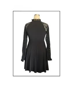 Back view of elegant black long sleeve dress with lace sleeves and A-line silhouette