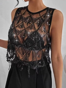 Débardeur Femme Sexy en Maille avec Paillettes et Franges Sans Manches Gilet Étincelant pour Fête Vacances Club Top Mode
