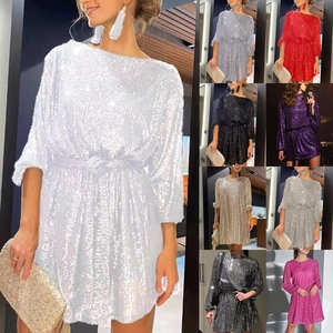 Chic sequined party mini dress featuring cinched waist and shimmering metallic finish