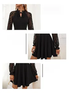 Detail of elegant black lace sleeve and ruffled tie neckline on a long sleeve dress