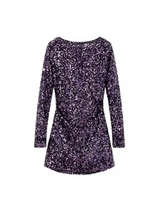 Mini robe élégante à paillettes violettes avec manches longues et col rond pour fête
