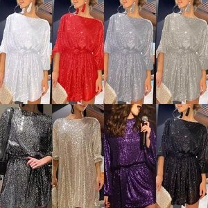 Sparkly sequin mini party dress with boat neck and waist tie in various colors