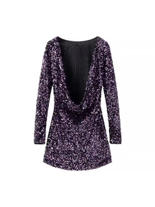 Mini-robe pailletée violet foncé à manches longues avec un élégant dos nu plongeant