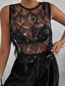 Haut de fête sexy en mesh noir avec paillettes, pompons et col rond pour femmes chic
